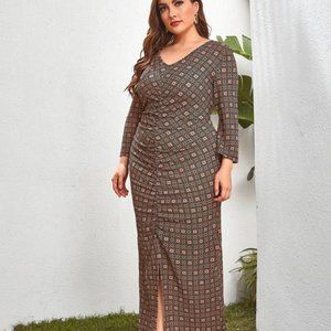 Split Hem Allover Print Ruched Dress